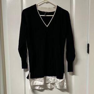 Black V-Neck Sweater with White Trim